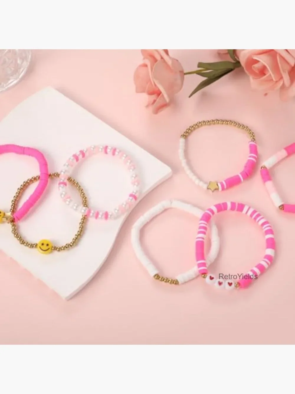 Preppy Bracelets Set - 7 Stackable Stretch Charm Bracelets Beaded Clay Star